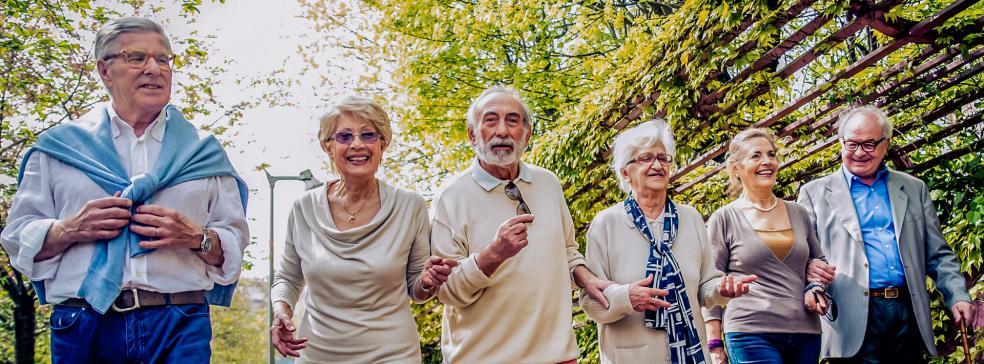 Seniors walking alongside a park