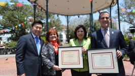 AARP State President Patricia Pérez (second from left:) welcomes Councilmember David Ryu (left), Los Angeles County Supervisor Hilda Solis (second from right) and Los Angeles Mayor Eric Garcetti (right) to AARP’s Age-Friendly Network. AARP State President Patricia Pérez (second from left:) welcomes Councilmember David Ryu (left), Los Angeles County Supervisor Hilda Solis (second from right) and Los Angeles Mayor Eric Garcetti (right) to AARP’s Age-Friendly Network.